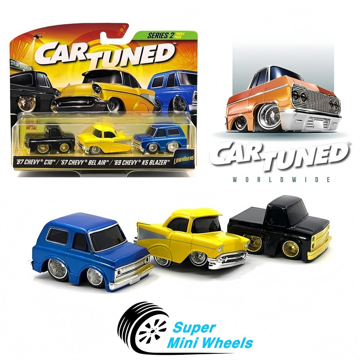 Car Tuned Series 2 Triple Pack – ’87 Chevy C10, ’57 Chevy Bel Air & ’69 Chevy K5 Blazer | 1:64 Die-Cast