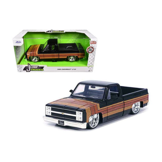 Just Trucks 1985 Chevrolet C-10 Pickup Truck Black with Stripes and Paradox Wheels 1:24 Diecast Model Ca