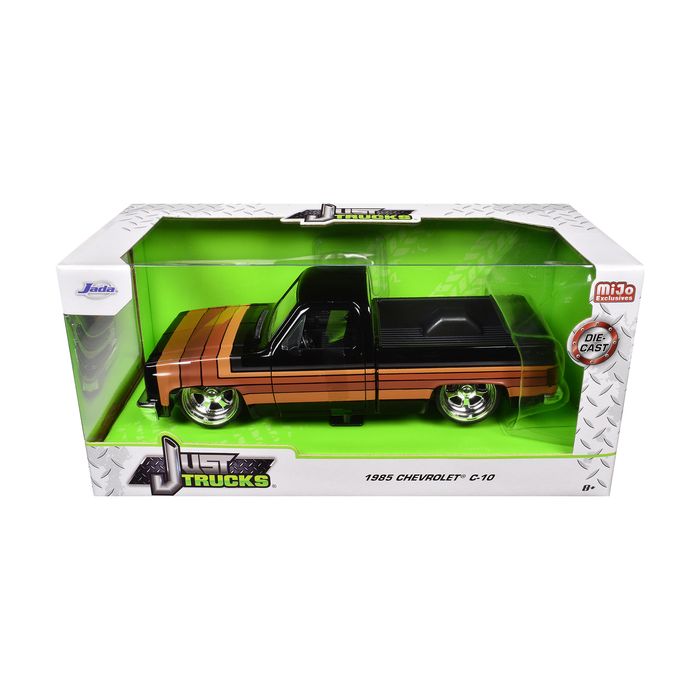 Just Trucks 1985 Chevrolet C-10 Pickup Truck Black with Stripes and Paradox Wheels 1:24 Diecast Model Ca