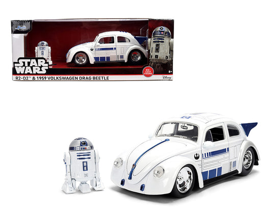 PREORDER - Jada 1:24 Star Wars R2-D2 and 1959 Volkswagen Drag Beetle – White – Hollywood Rides  – Die-Cast Vehicle + Figure - January 2026
