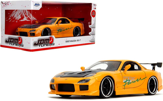 Jada Toys JDM Tuners 1:24 Scale Die-Cast 1993 Mazda RX-7 (FD) HKS, Opening Doors, Detailed Interior, Rubber Tires, Collectible for Ages 8+ (Yellow Orange)