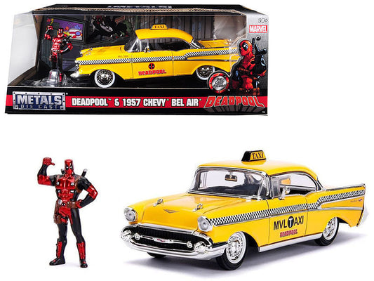 Jada 1957 Chevrolet Bel Air Taxi Yellow with Deadpool Die-cast Figure Marvel Series 1/24 Die-cast Model Car 30290