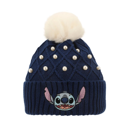 Disney Stitch Character Face & Pearl Appliques Blue Cuff Beanie