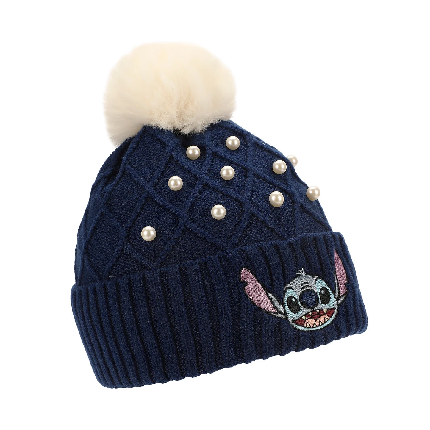 Disney Stitch Character Face & Pearl Appliques Blue Cuff Beanie