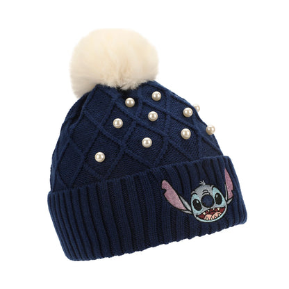 Disney Stitch Character Face & Pearl Appliques Blue Cuff Beanie