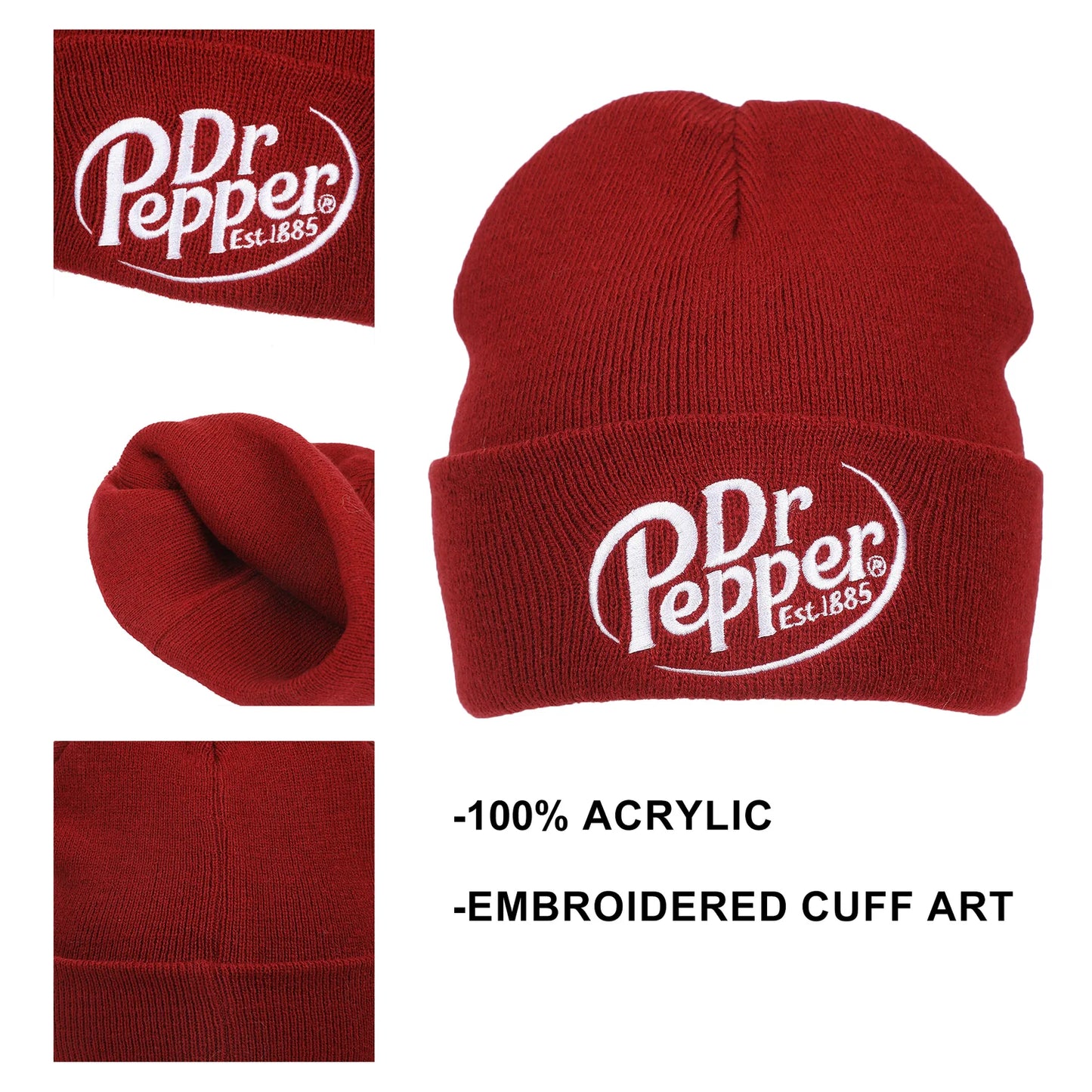Dr. Pepper Embroidery On Acrylic Knit Standard Cuff Beanie