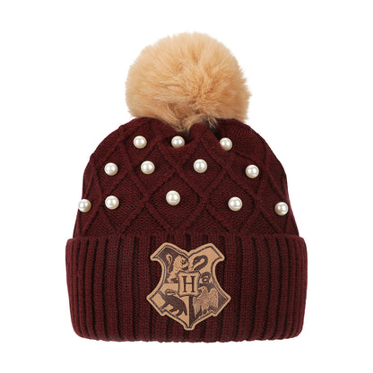 Harry Potter Hogwarts Crest & Pearl Appliques Maroon Cuff Beanie