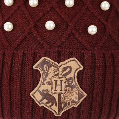 Harry Potter Hogwarts Crest & Pearl Appliques Maroon Cuff Beanie