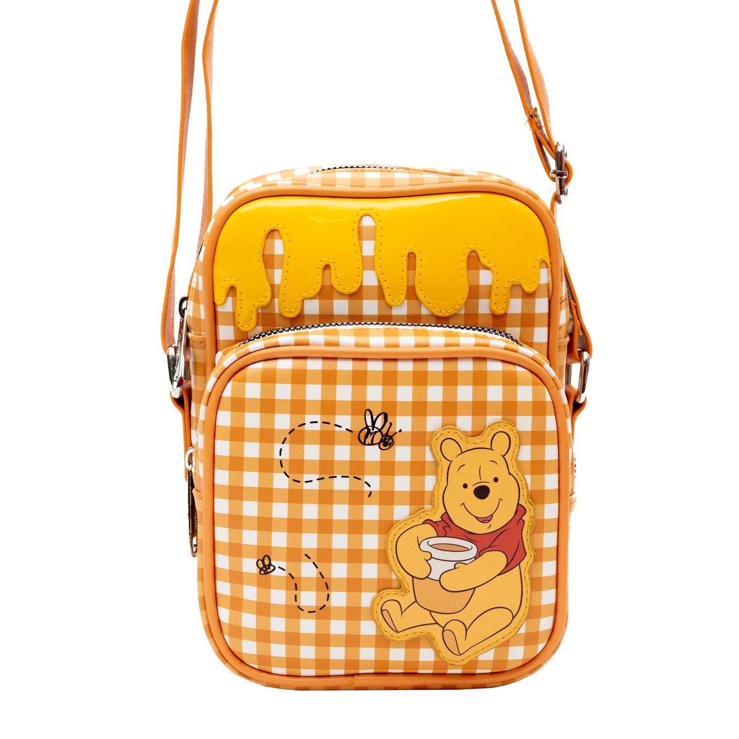 Crossbody Bag with Two-Pockets and Slip Pocket - Winnie the Pooh Hunny Pot Pose with Honey Drip Gingham White/Golden Yellow (ETA AUGUST / SEPTEMBER 2024)