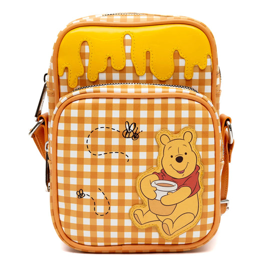 Crossbody Bag with Two-Pockets and Slip Pocket - Winnie the Pooh Hunny Pot Pose with Honey Drip Gingham White/Golden Yellow