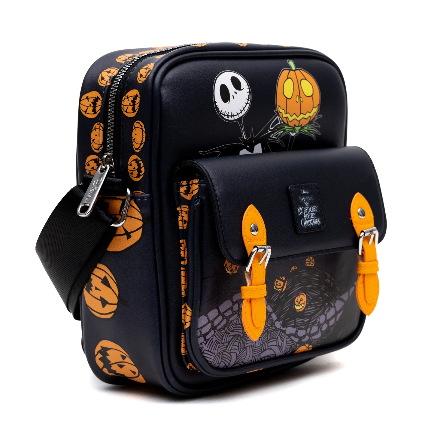 Crossbody Bag with Two-Pockets and Slip Pocket - The Nightmare Before Christmas Jack-O-Lantern and Moon Poses Black