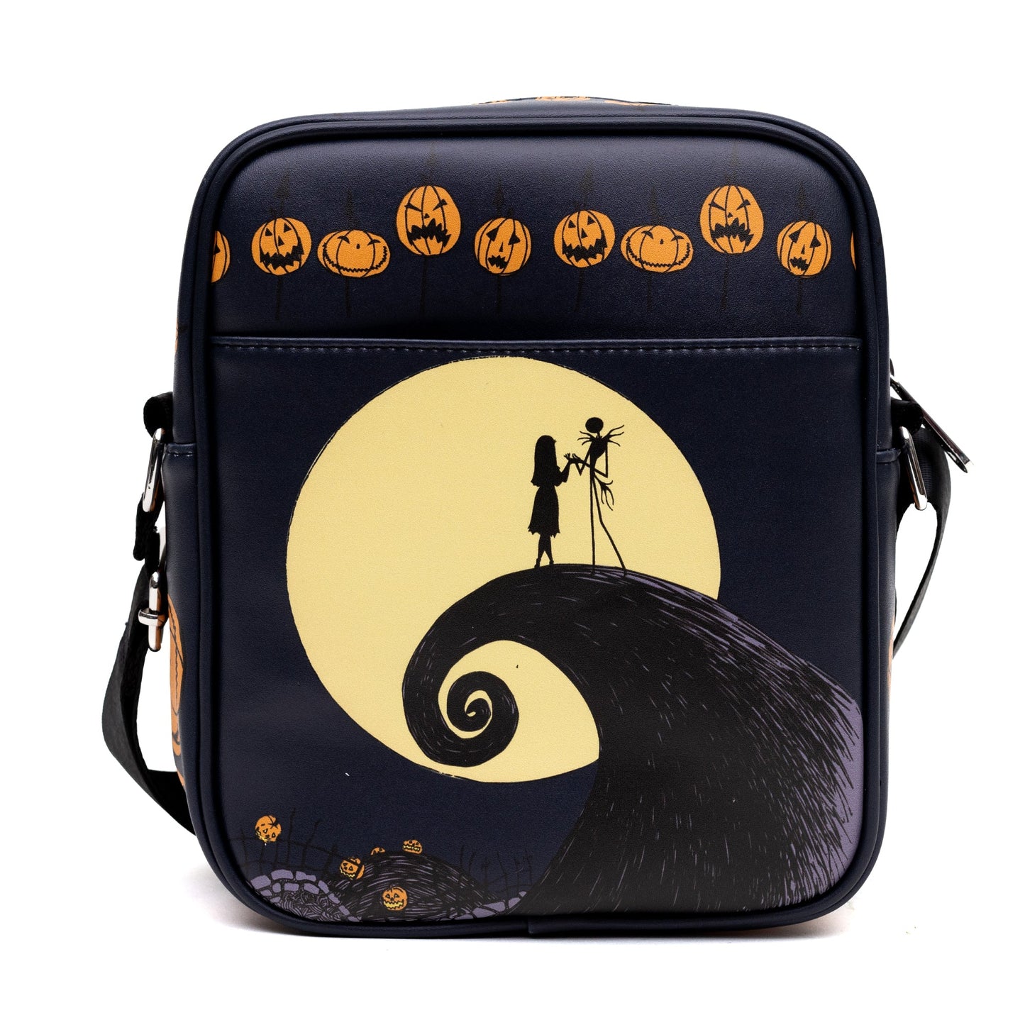 Crossbody Bag with Two-Pockets and Slip Pocket - The Nightmare Before Christmas Jack-O-Lantern and Moon Poses Black