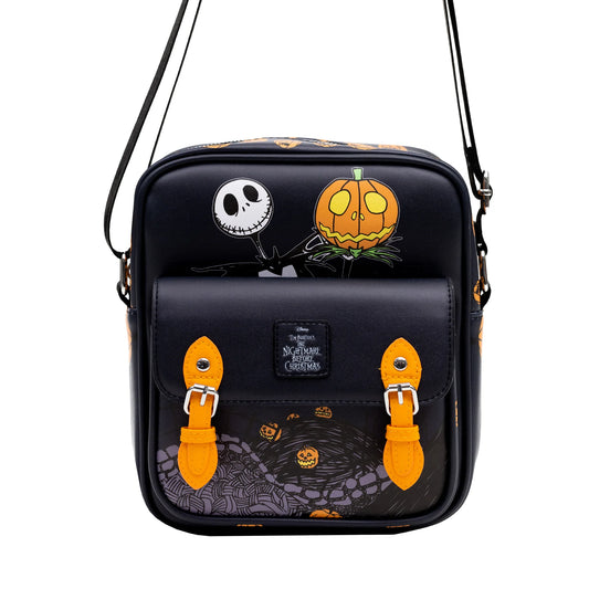 Crossbody Bag with Two-Pockets and Slip Pocket - The Nightmare Before Christmas Jack-O-Lantern and Moon Poses Black