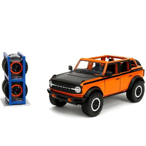 Just Trucks 2021 Ford Bronco Orange 1:24 Scale Die-Cast Metal Vehicle with Tire Rack