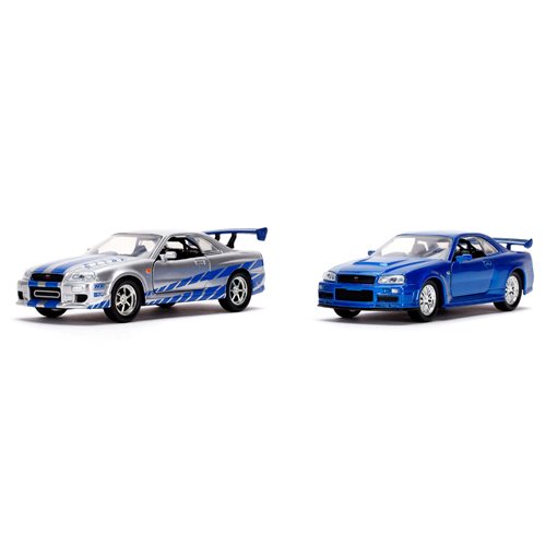 Fast and Furious Brian's Nissan Skyline GT-R R34 Silver and GT-R R34 Blue 1:32 Scale Die-Cast Metal Vehicle 2-Pack